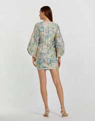 Multicolor Floral Brocade Puff Sleeve Fitted Mini Dress