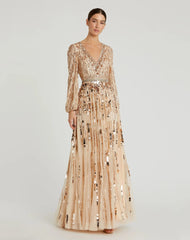 Beige Embellished Mesh Long Sleeve V Neck Gown