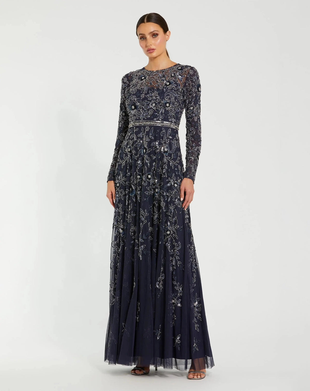 Navy Long Sleeve Floral Embellished A-line Gown