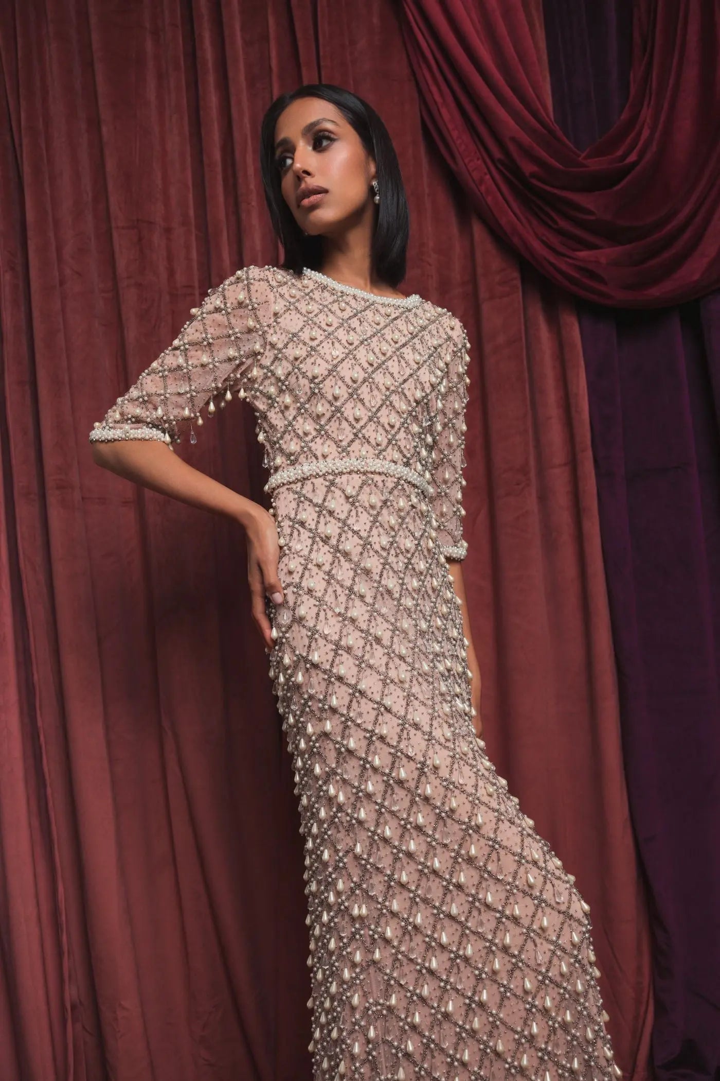 Pink Pearl Embellished 3/4 Sleeve Gown