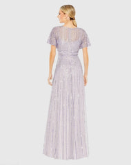 Purple Sequined Butterfly Sleeve Flowy Gown