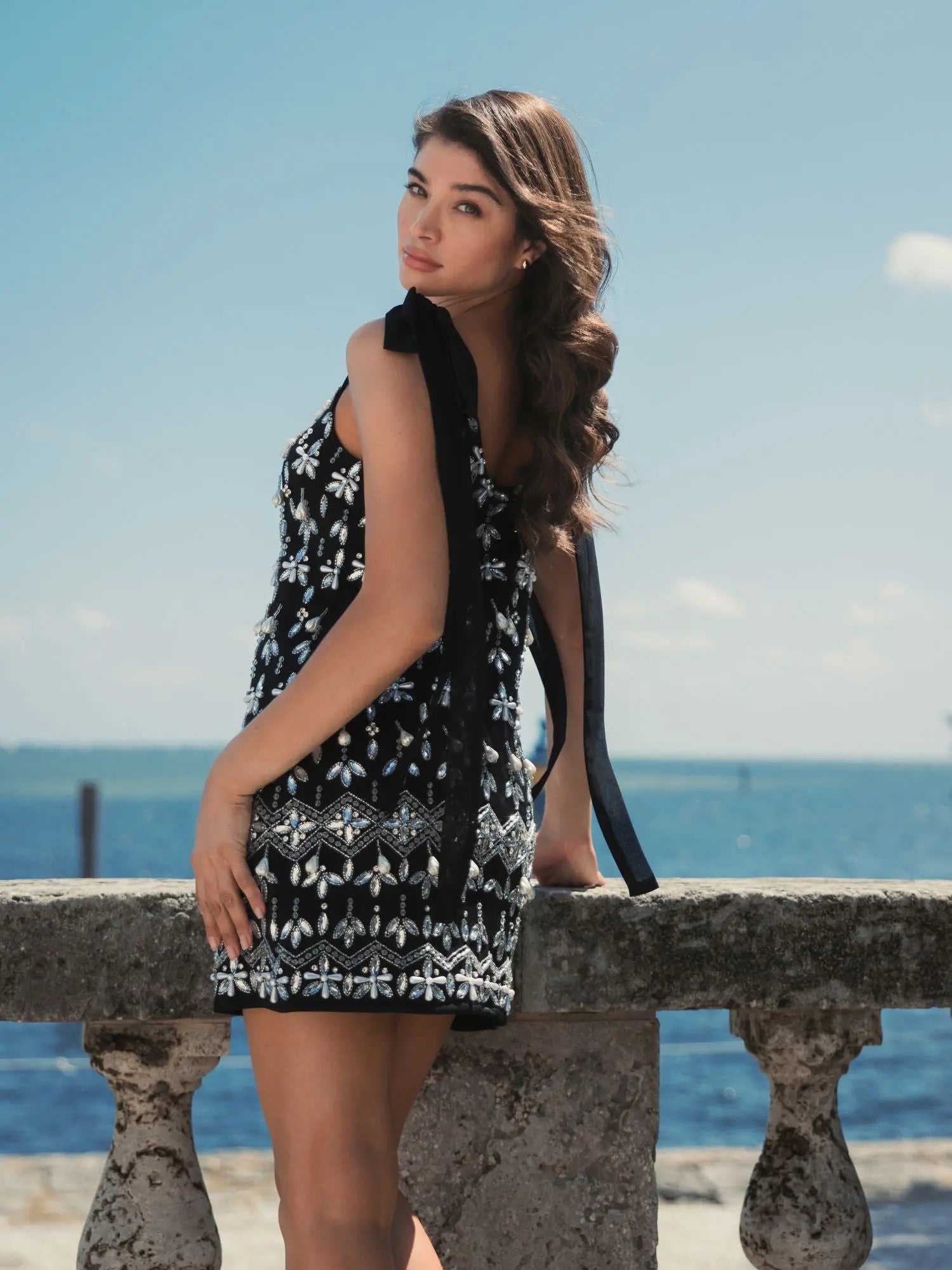 Black Jewel Encrusted Soft Tie Sleeveless Dress