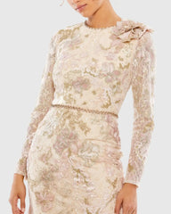 Pink and Beige Embroidered Lace Trumpet Evening Dress