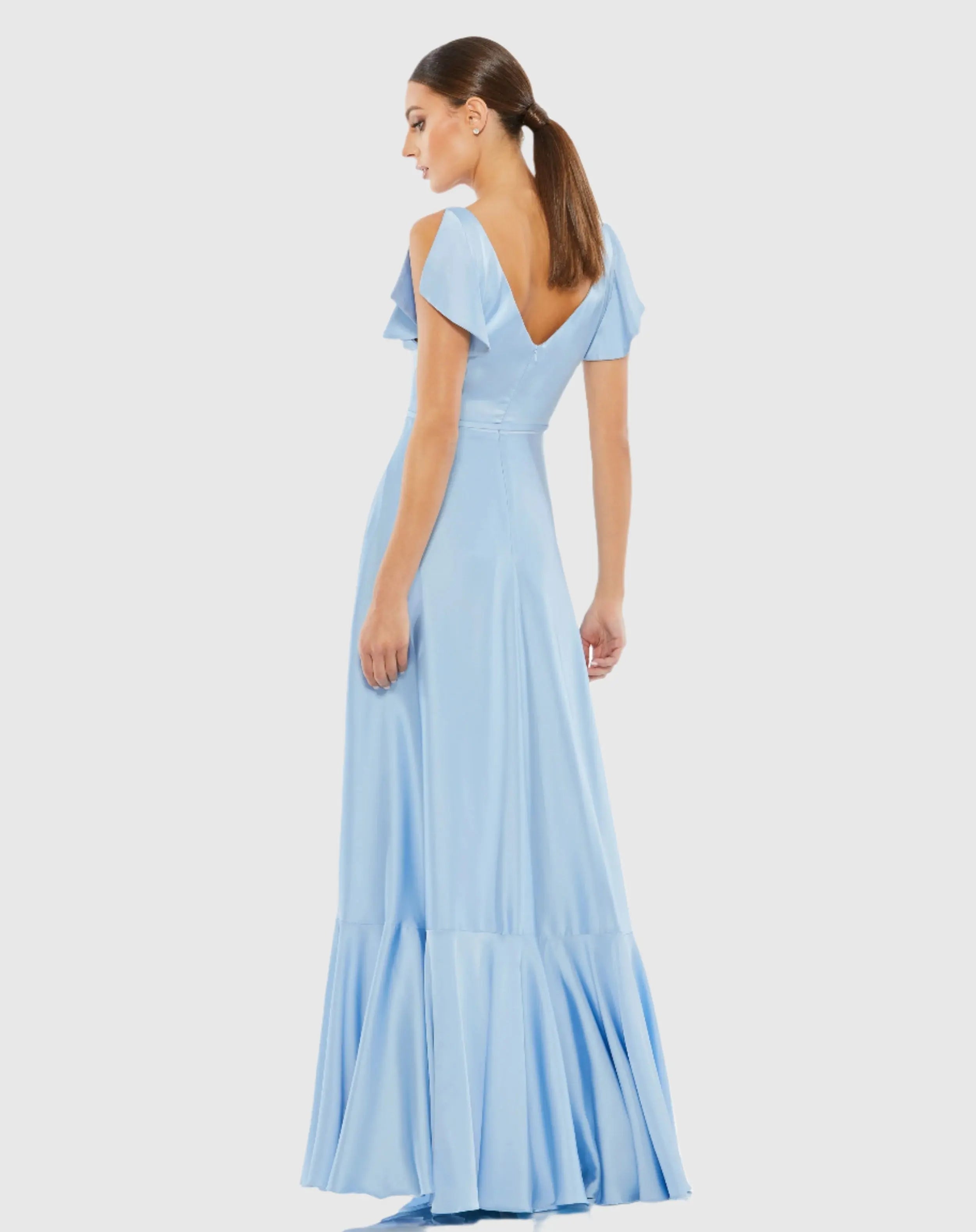 Blue Flounce Sleeve Satin Gown