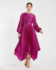 Purple Long Sleeve Pleated Charmeuse Handkerchief Dress