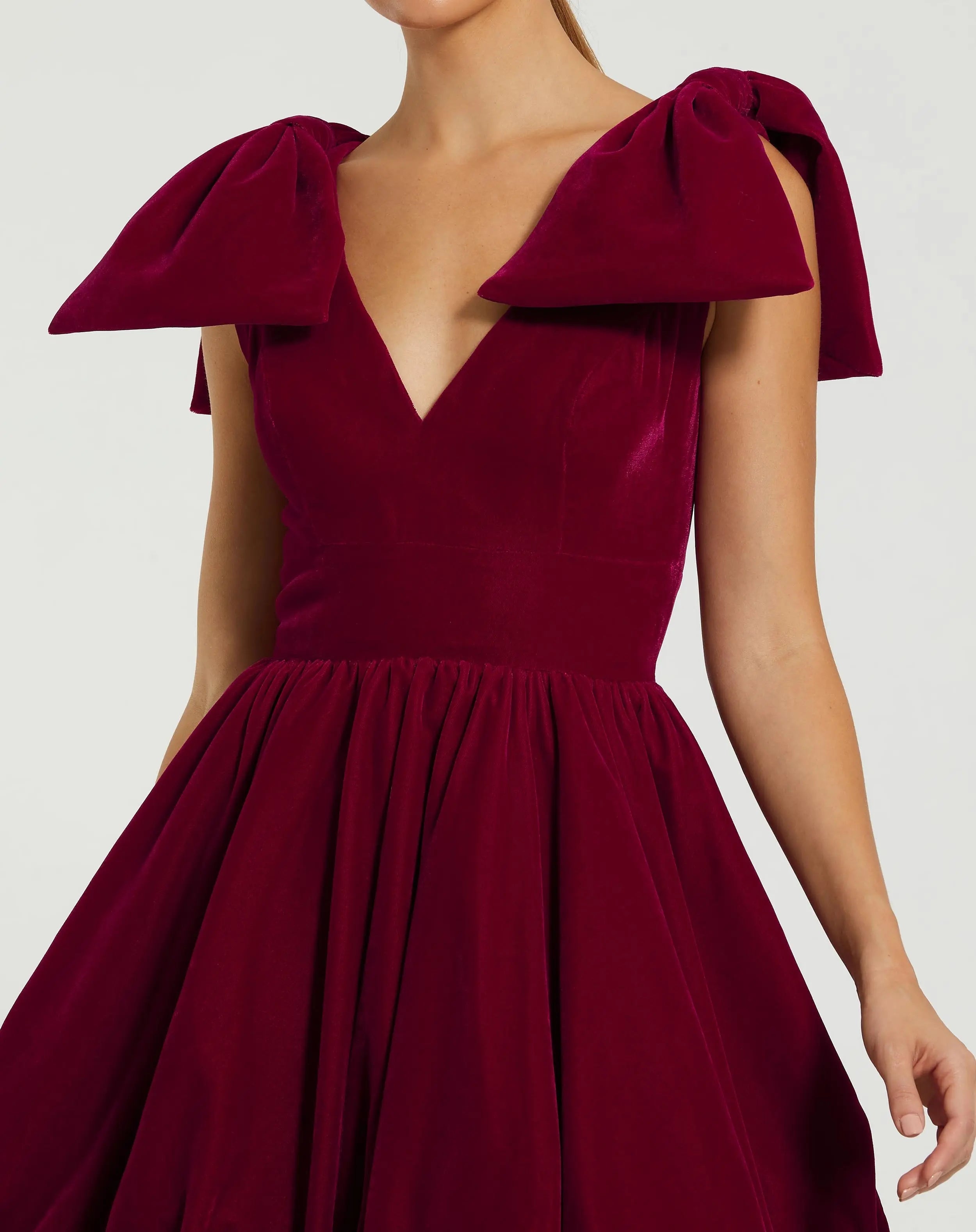 Red Shoulder Bow Velvet Bubble Mini Dress