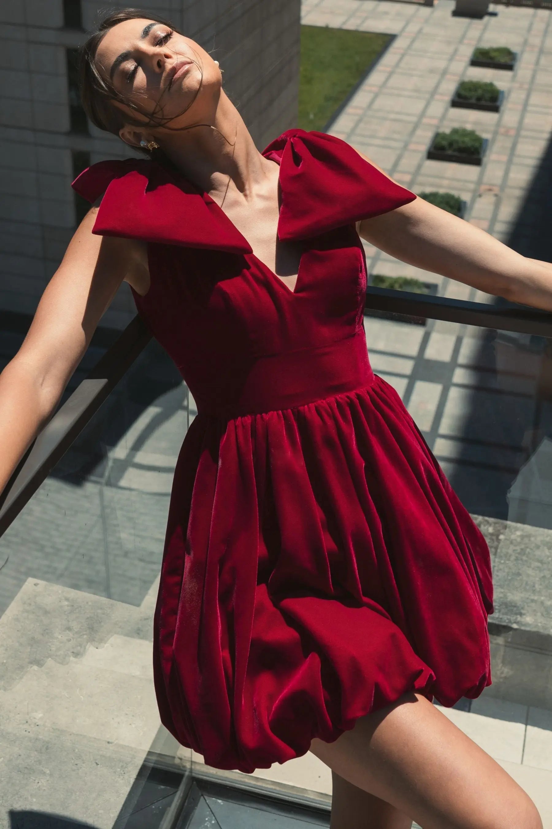 Red Shoulder Bow Velvet Bubble Mini Dress