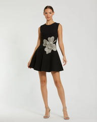 Black Crepe Sleeveless Mini Dress With Rhinestone Flower
