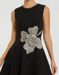 Black Crepe Sleeveless Mini Dress With Rhinestone Flower