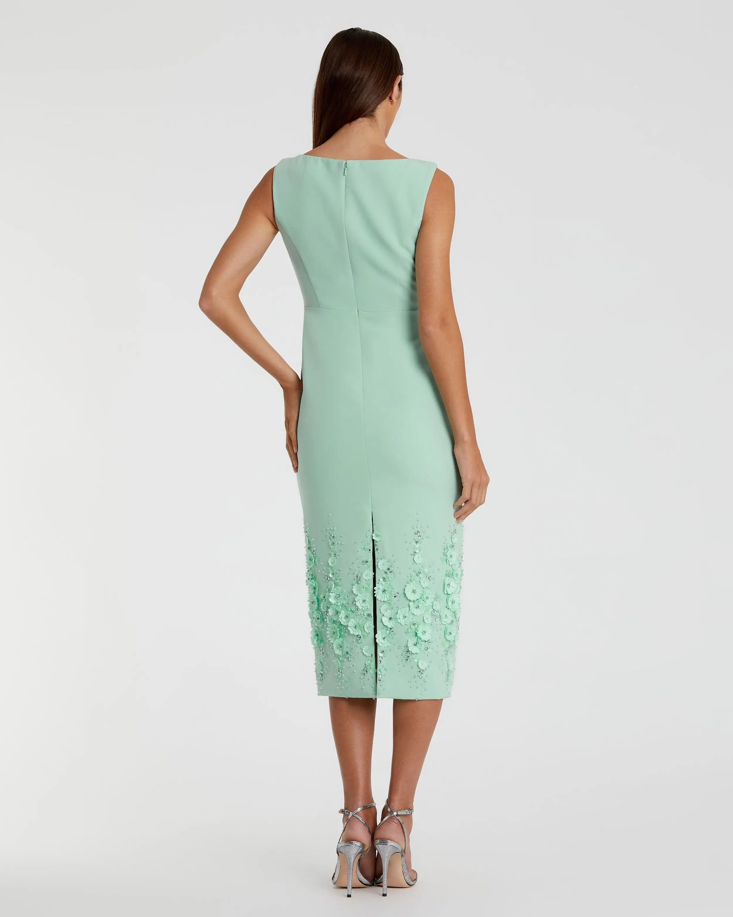 Green Crepe Sleeveless Midi Dress With Flower Beading