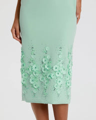 Green Crepe Sleeveless Midi Dress With Flower Beading