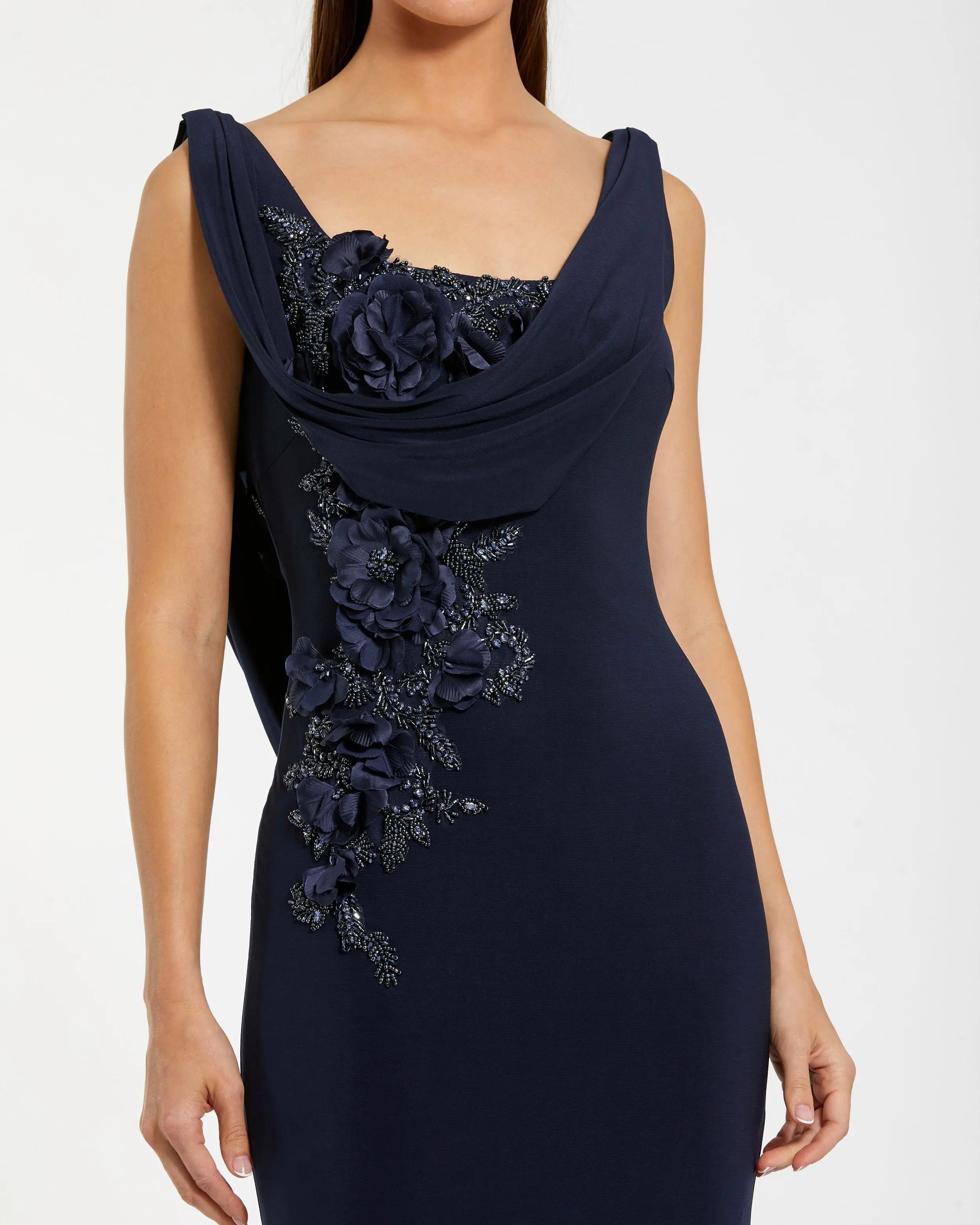 Navy Sleeveless Jersey Cowl Neck Gown With Beading