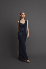 Navy Sleeveless Jersey Cowl Neck Gown With Beading