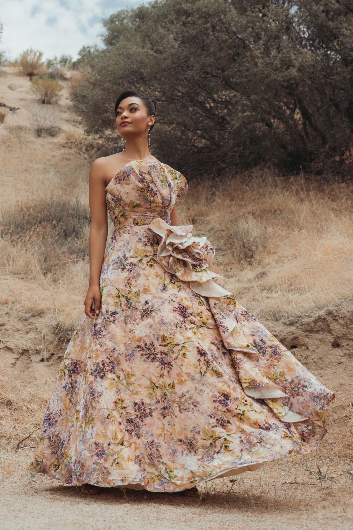 Strapless Pink Velvet Floral Ball Gown with 3D Rosette