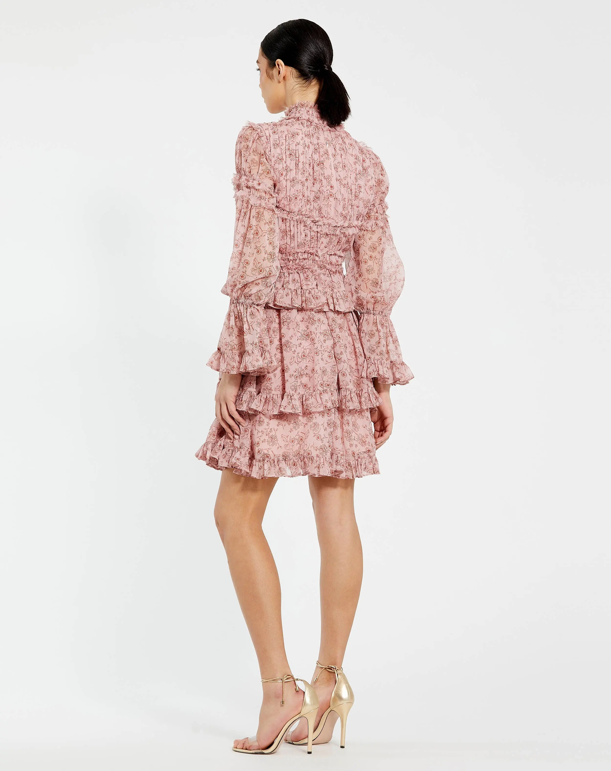 Pink Long Sleeve Mock Neck Ruffle Mini Dress