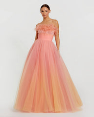 Orange and Pink Ombre Strapless Feather Bodice Tulle Gown