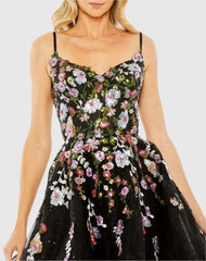 Black Thin Strap Floral Embroidered Mini Dress