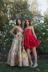 Red Strapless Mini Dress With Rose Ruffle Detail