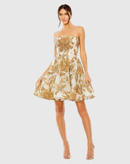 Gold Strapless Brocade Mini Dress with Pockets
