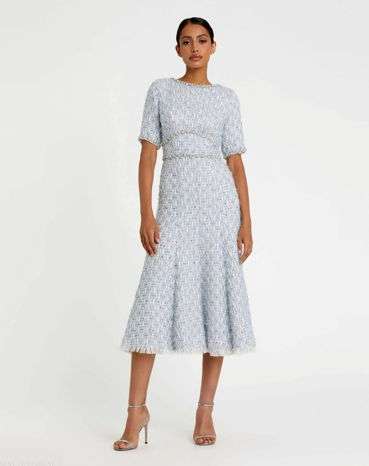 Blue Short Sleeve Beaded Trim Boucle Midi Dress
