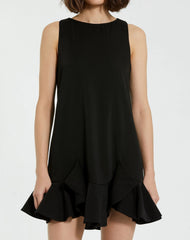 The Mia Black High Neck Sleeveless Crepe Mini Dress With Ruffle Hem