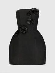 Black Faille Strapless Mini Dress With 3D Flower Details