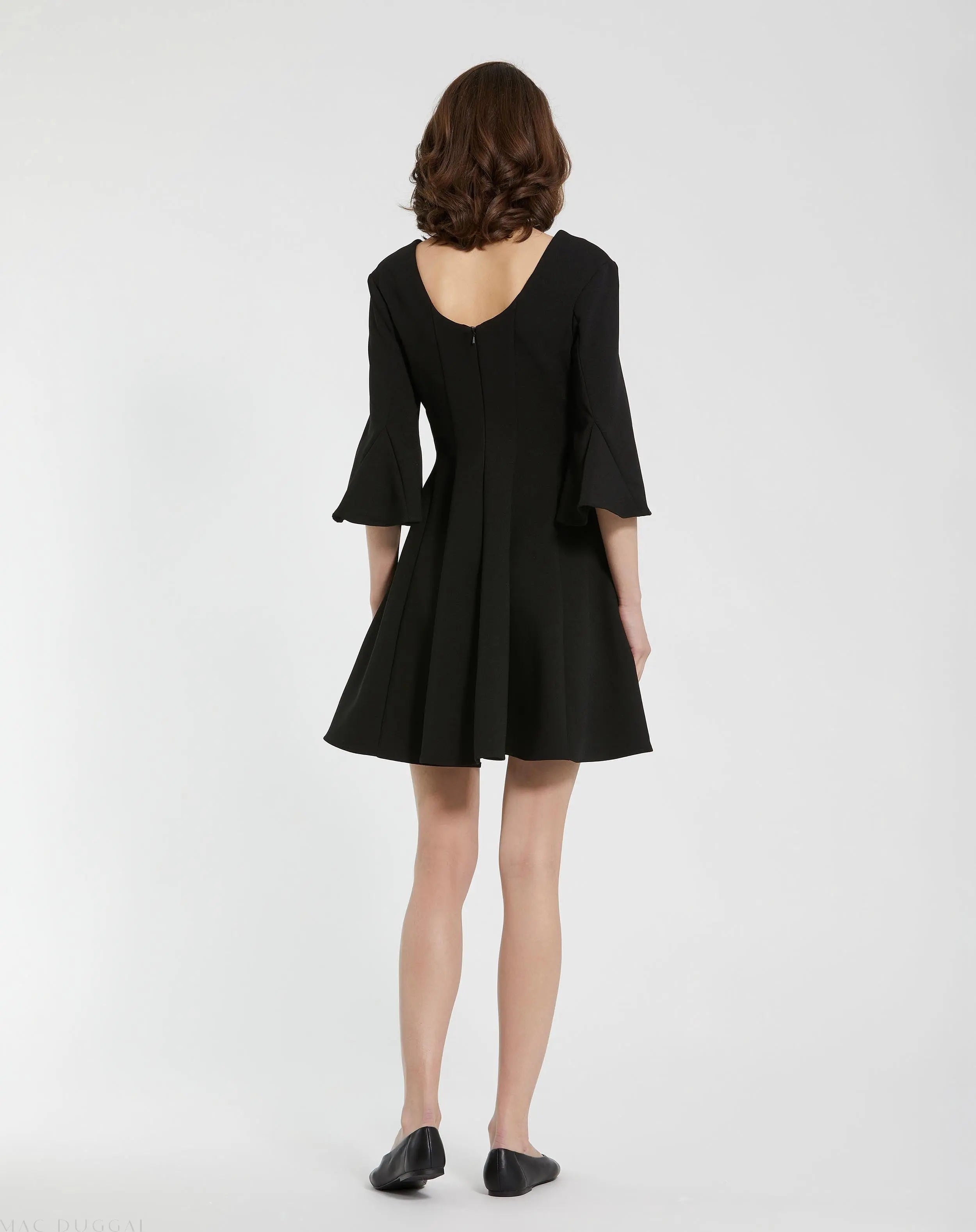 Black Crepe Square Neck 3/4 Sleeve Godet Mini Dress