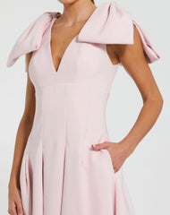 Pink Crepe A Line Midi Dress With Bow Straps