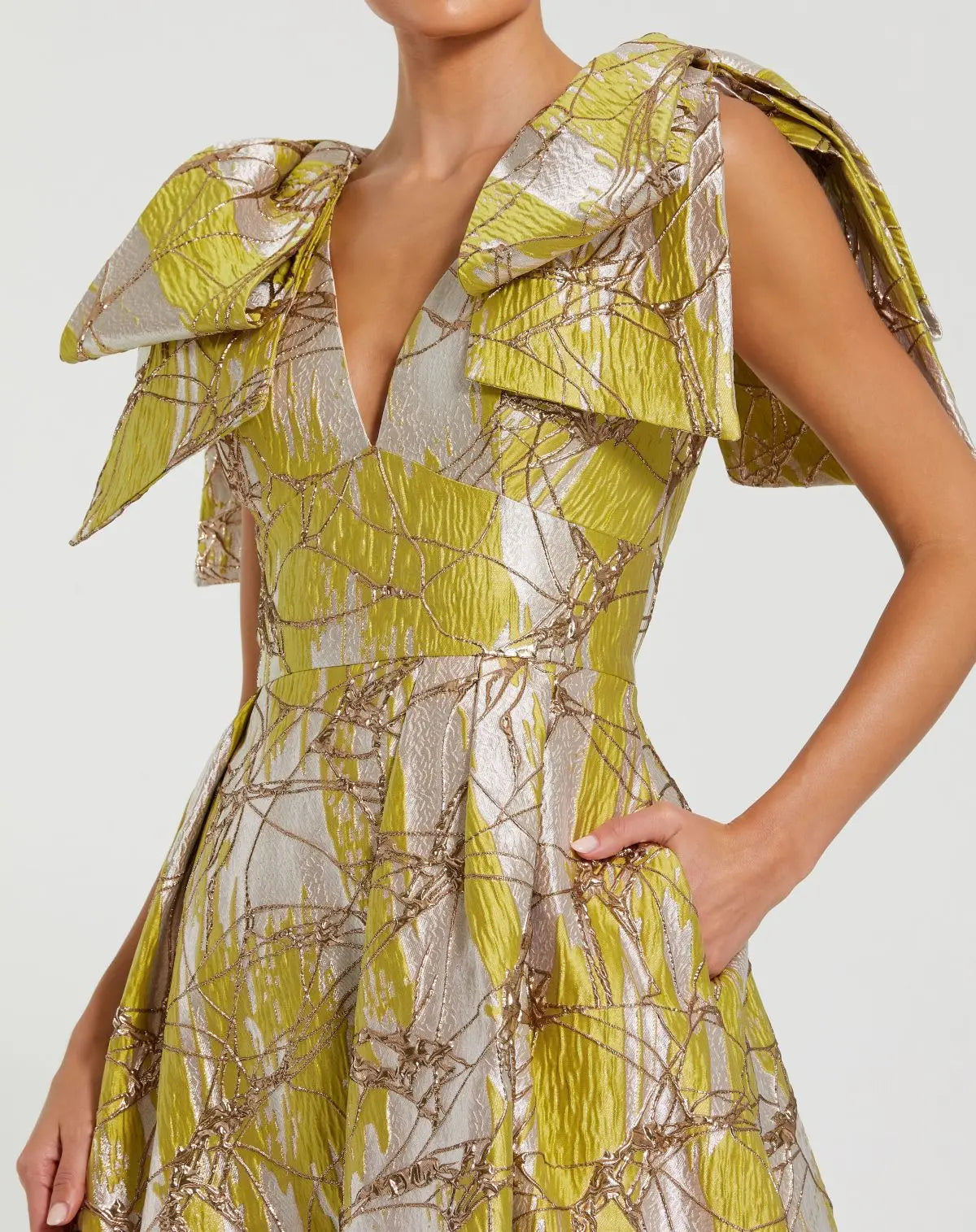 Green Layered Shoulder Bow Metallic A-Line Gown