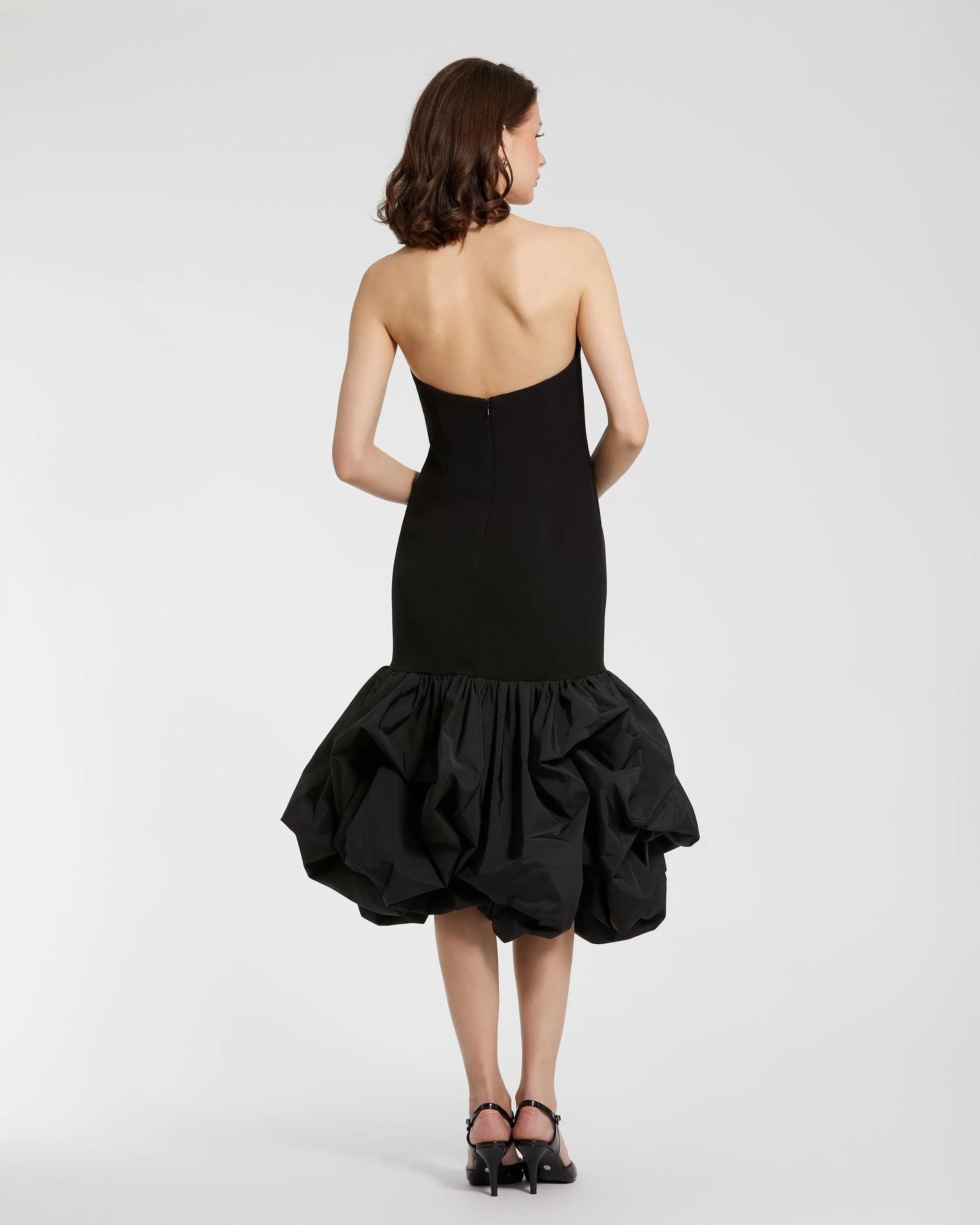 Black Crepe Strapless Midi Dress With Bubble Hem
