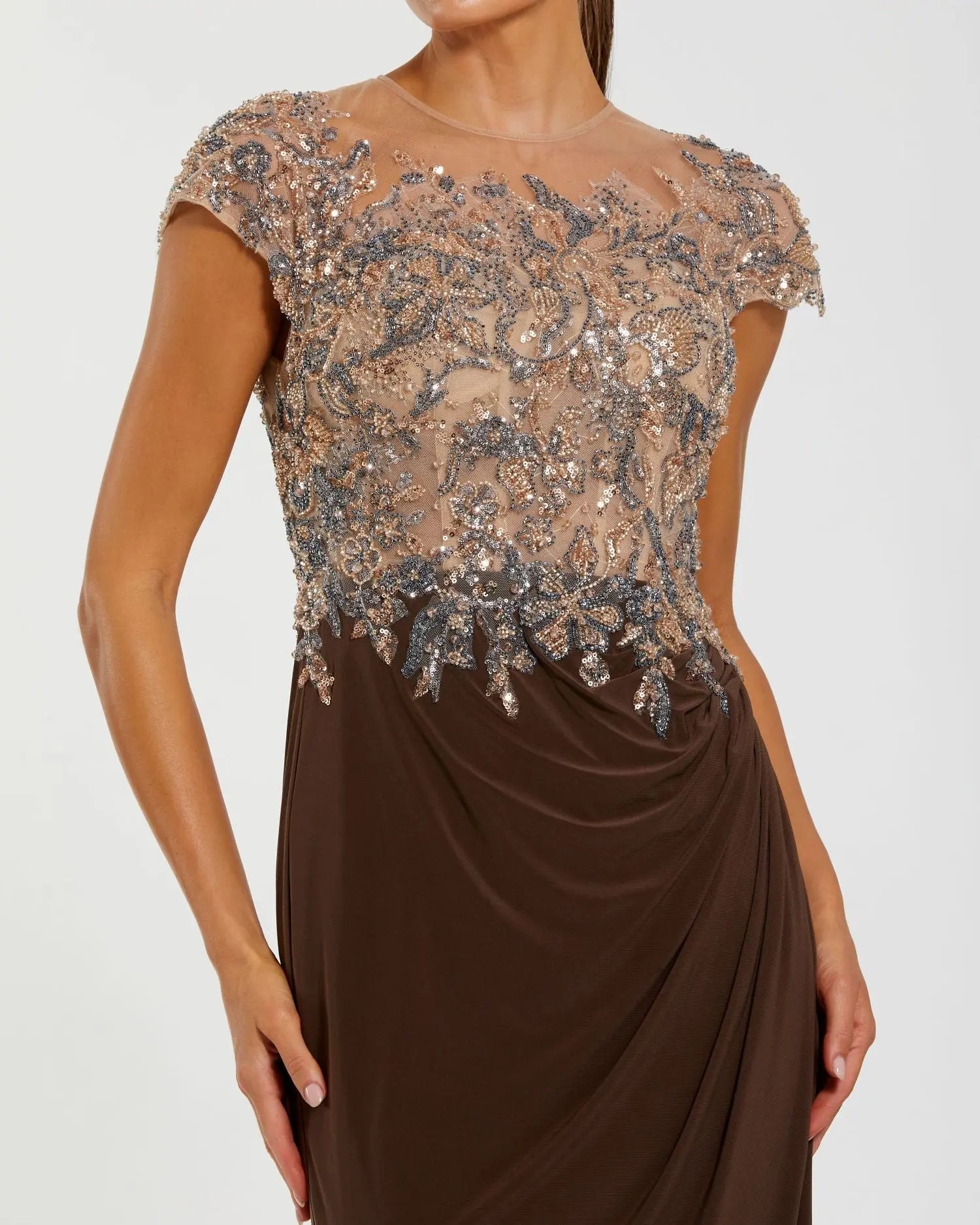 Brown Crystal Applique Embellished Jersey Gown