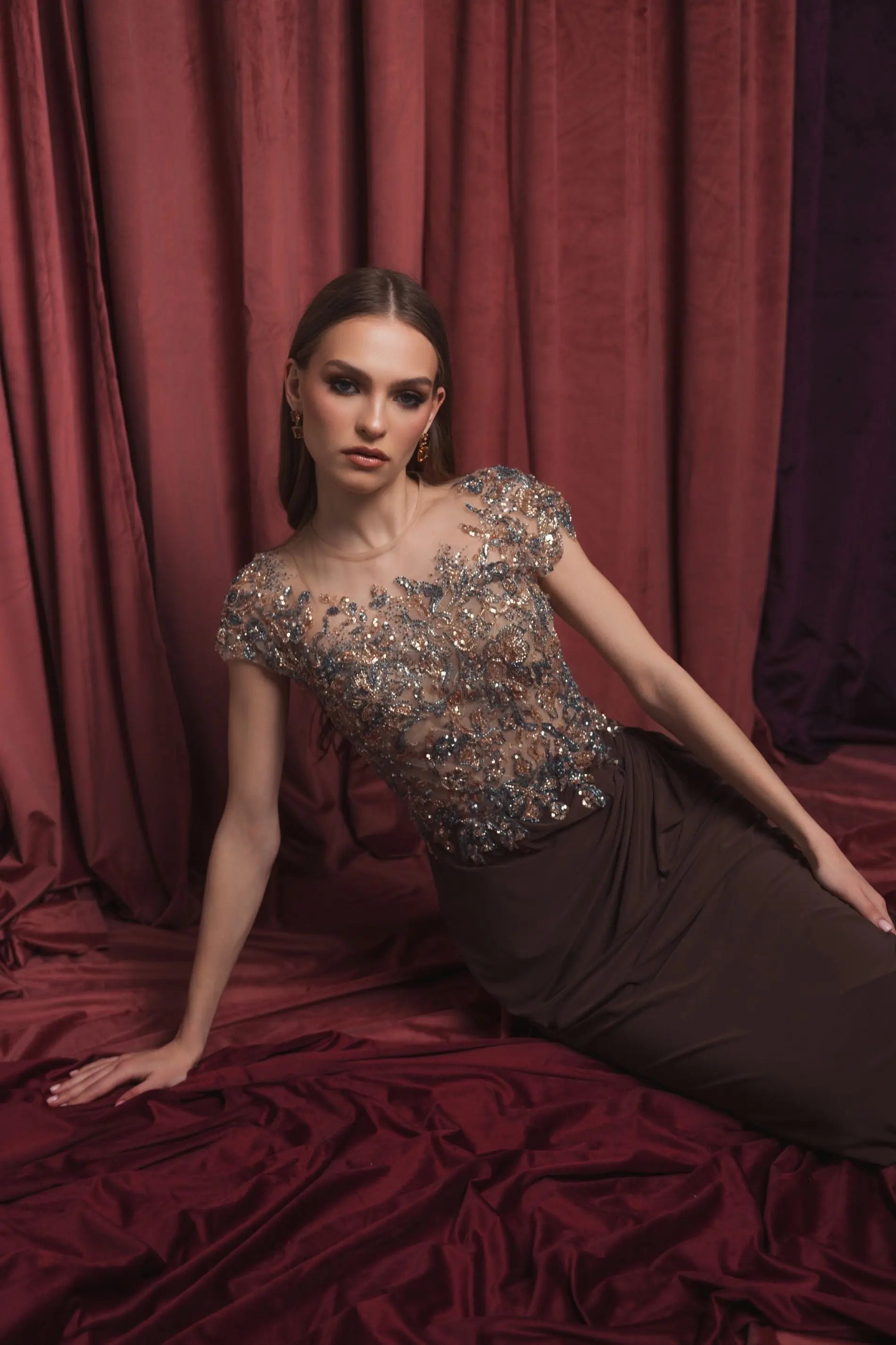 Brown Crystal Applique Embellished Jersey Gown