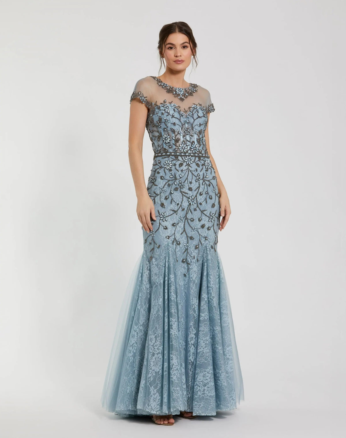 Blue Embellished Lace Evening Gown with Illusion Neckline
