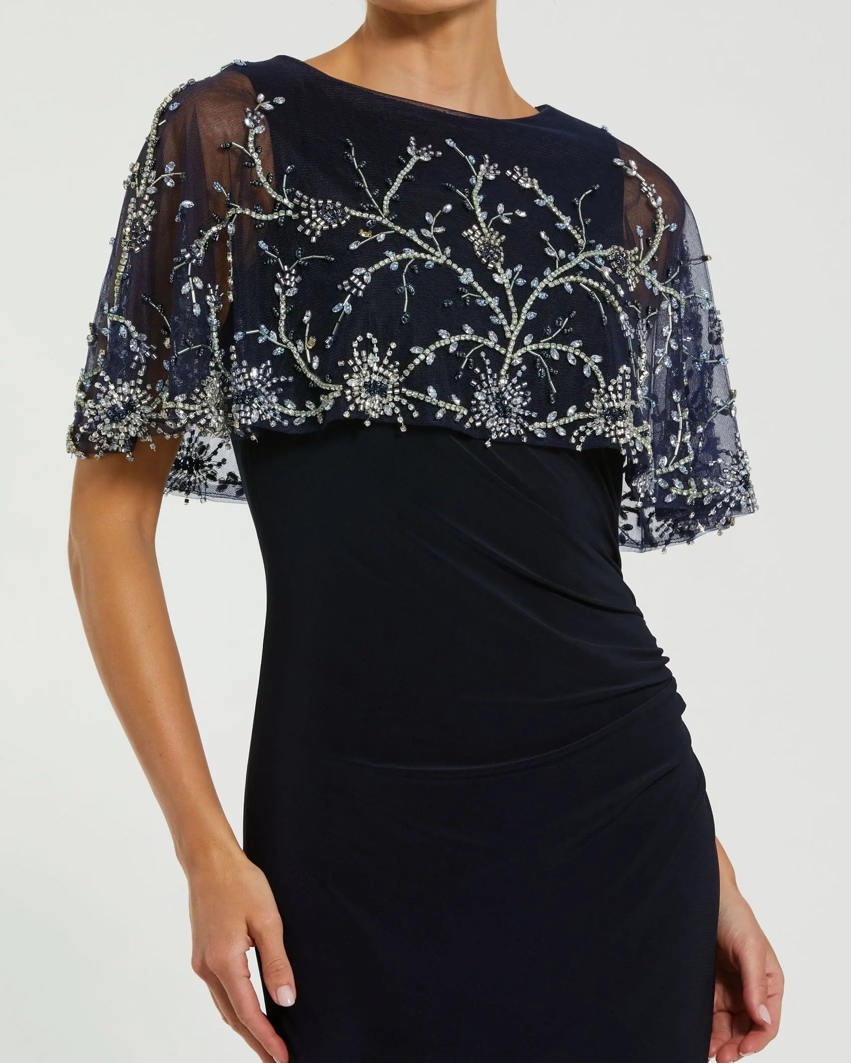 Navy Fitted Jersey Gown with Embellished Cape