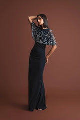 Navy Fitted Jersey Gown with Embellished Cape