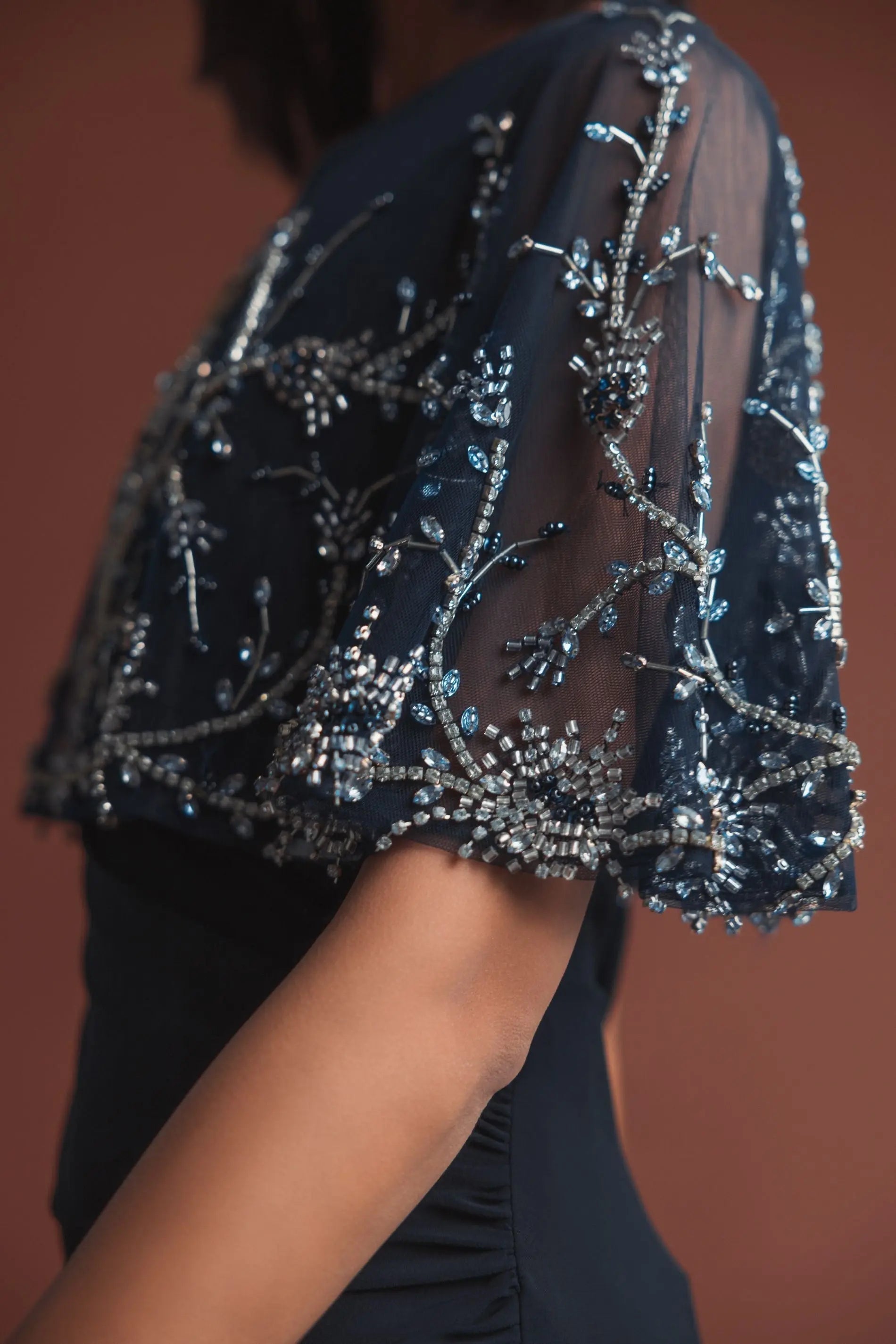 Navy Fitted Jersey Gown with Embellished Cape