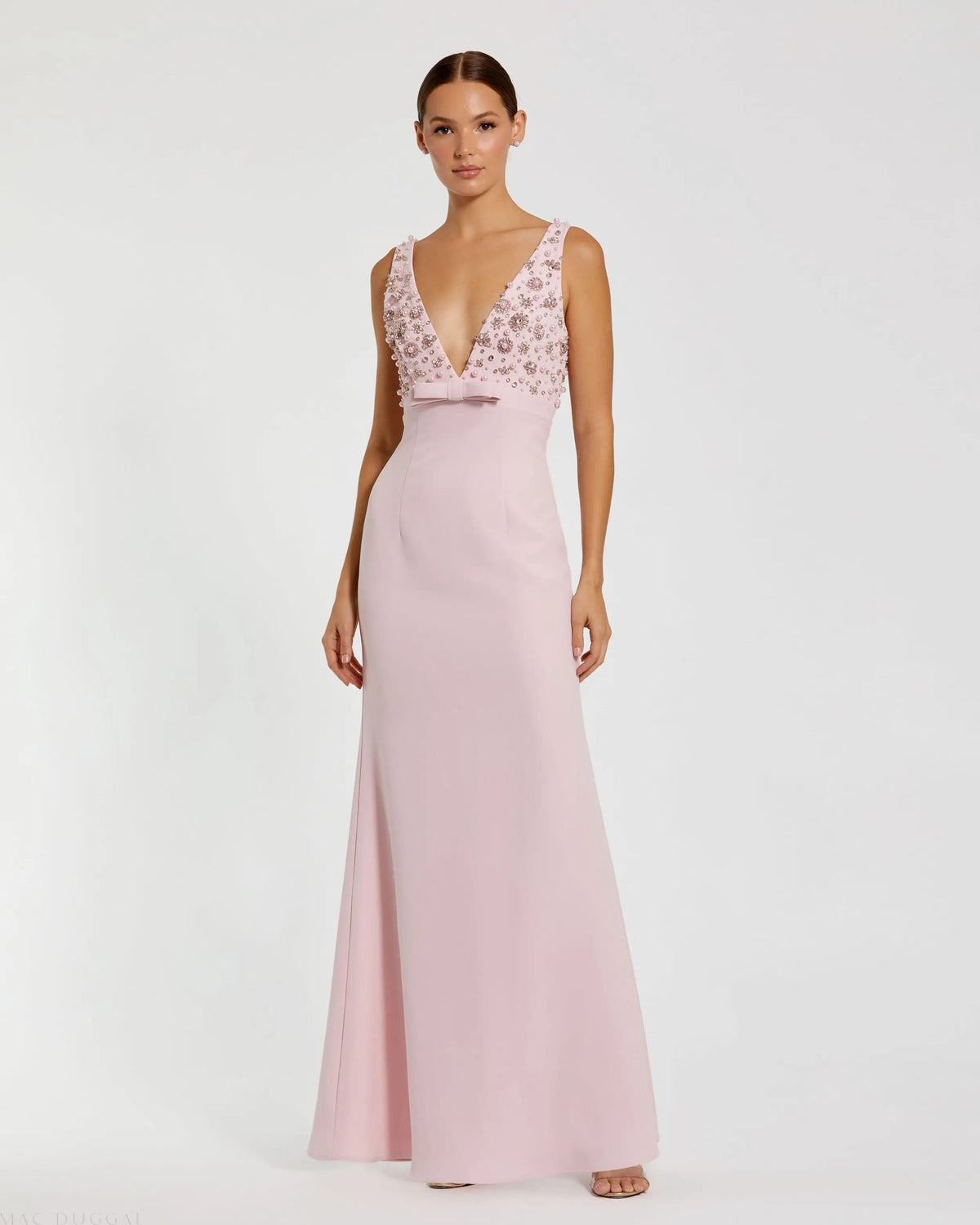Pink Crepe Sleeveless Beaded V Neck Gown With Bow