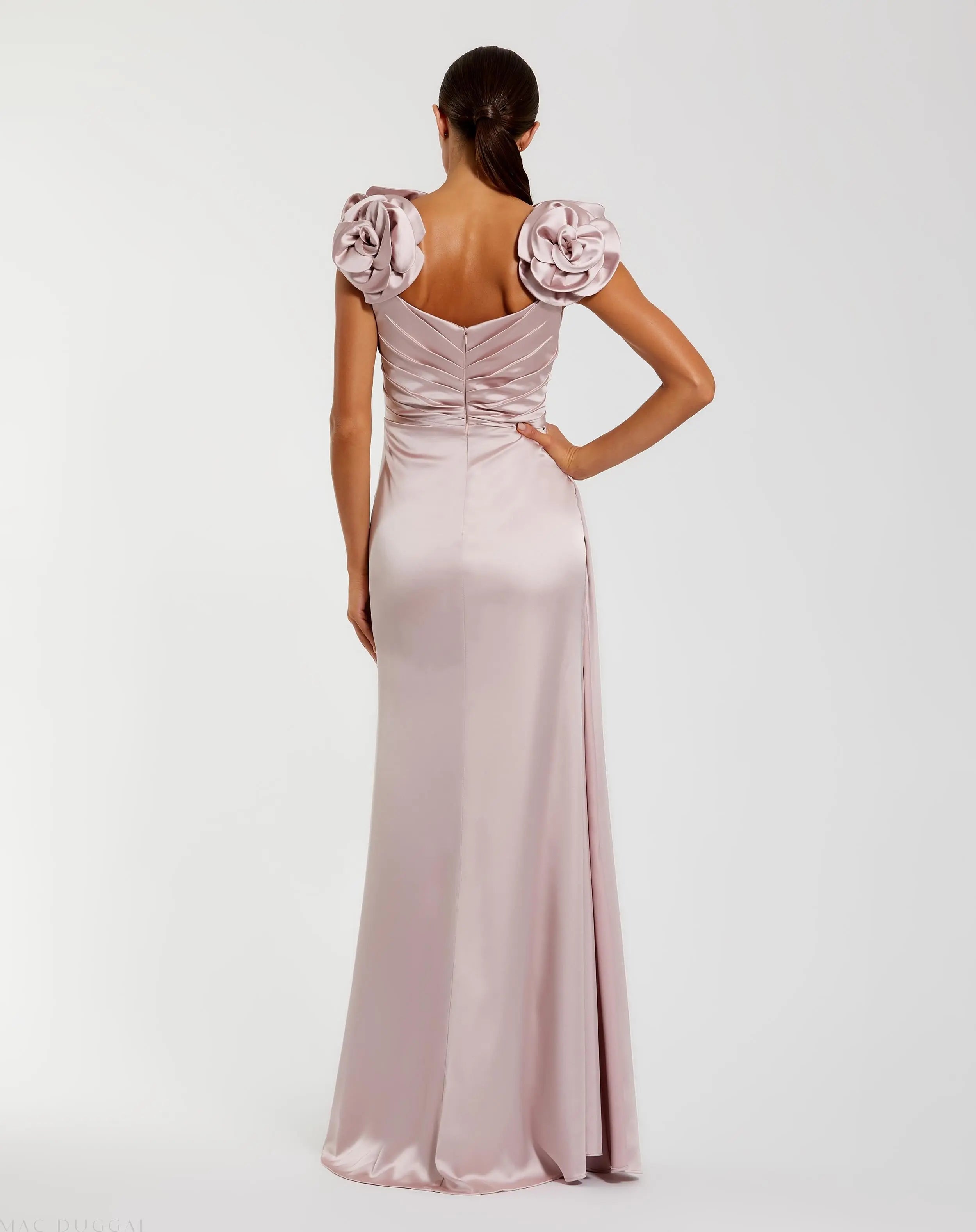 Pink Faux Wrap Satin Gown With 3D Flower Straps