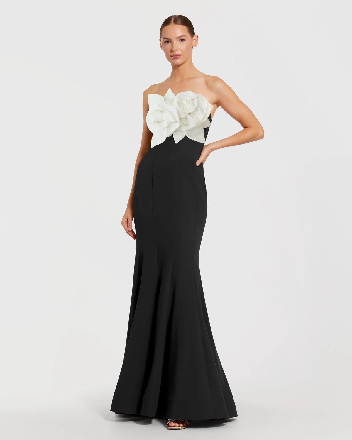 Black Strapless Crepe Mermaid Gown With 3D Flowers