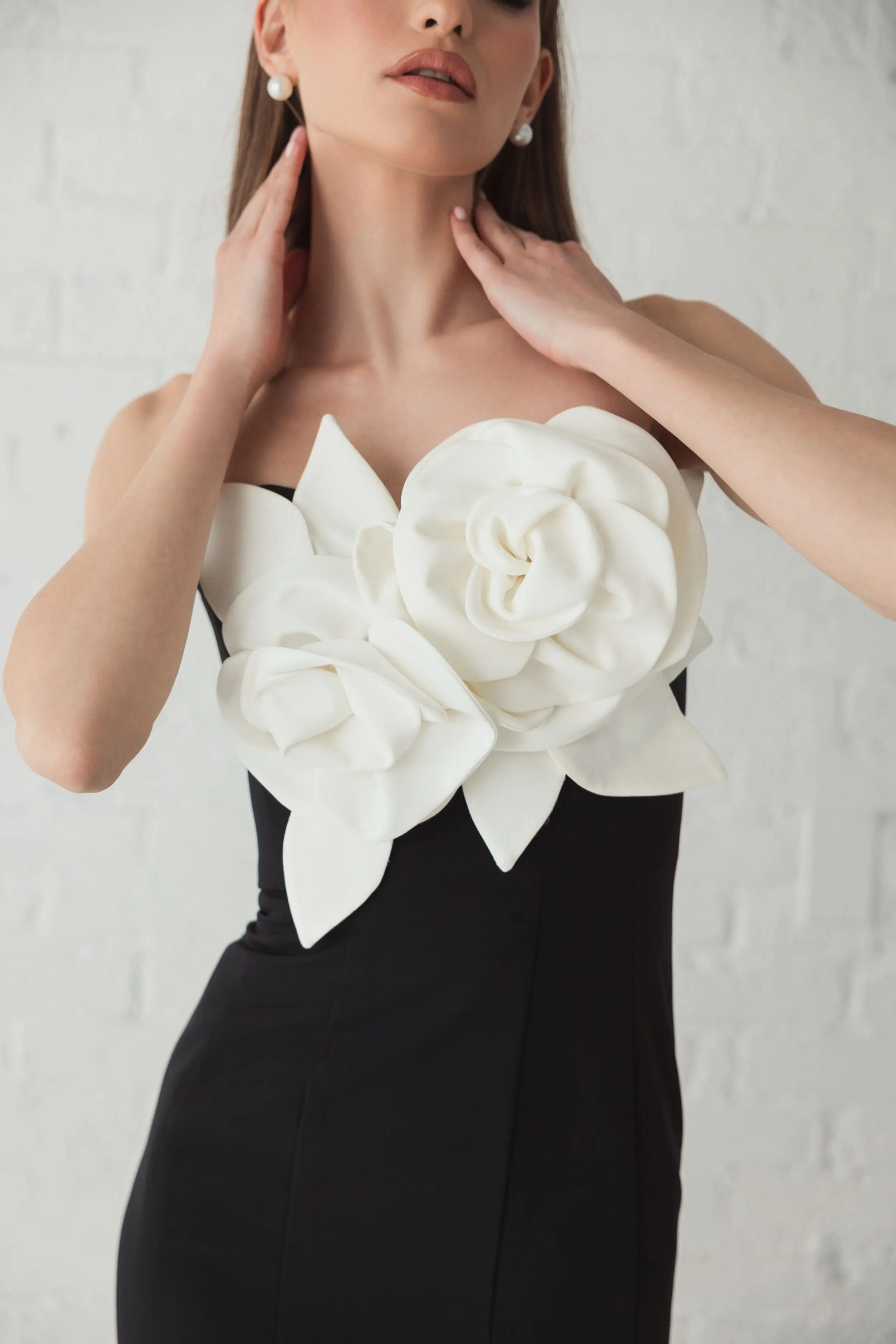 Black Strapless Crepe Mermaid Gown With 3D Flowers