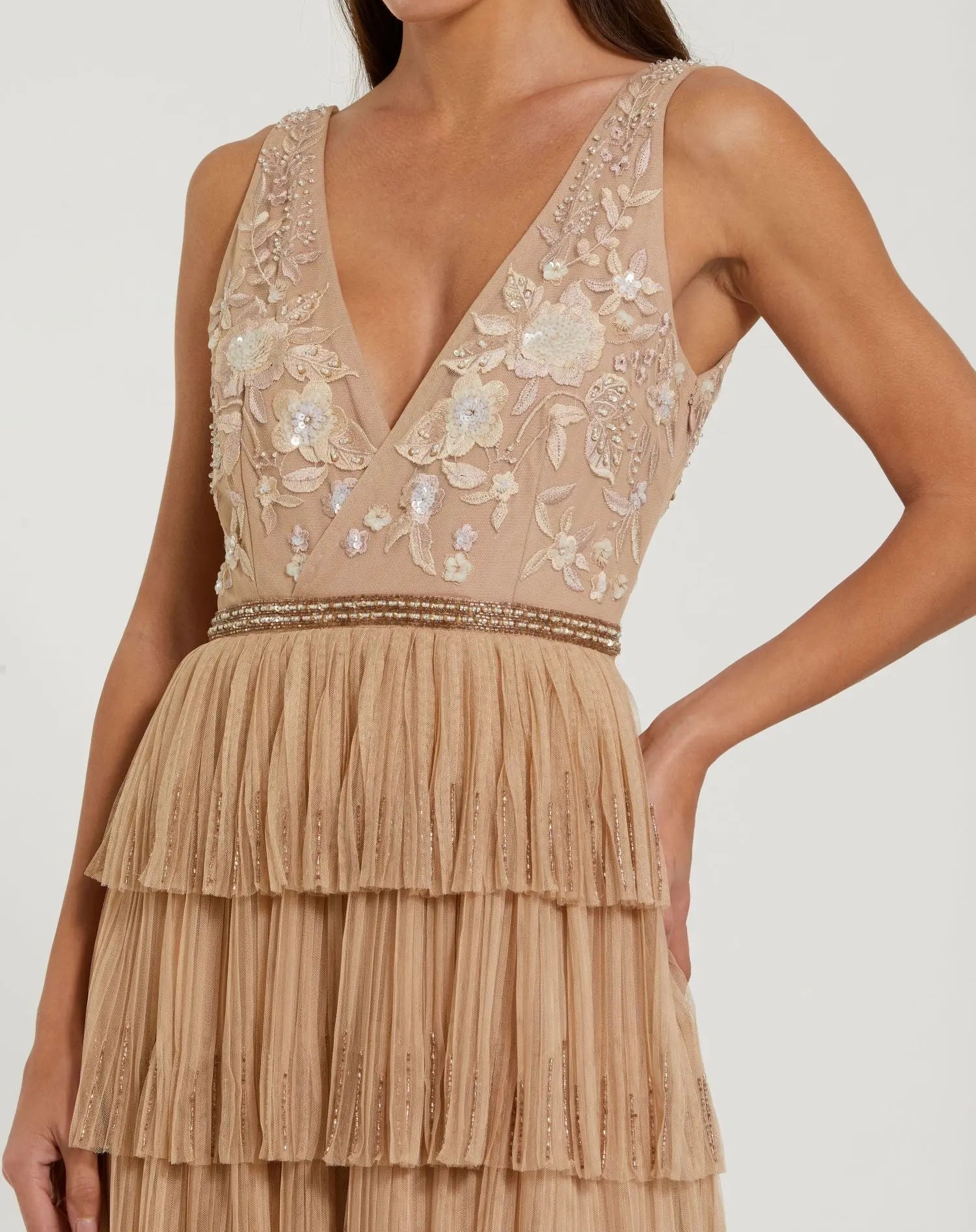 Beige Beaded Mesh V Neck Gown With Tiered Ruffles