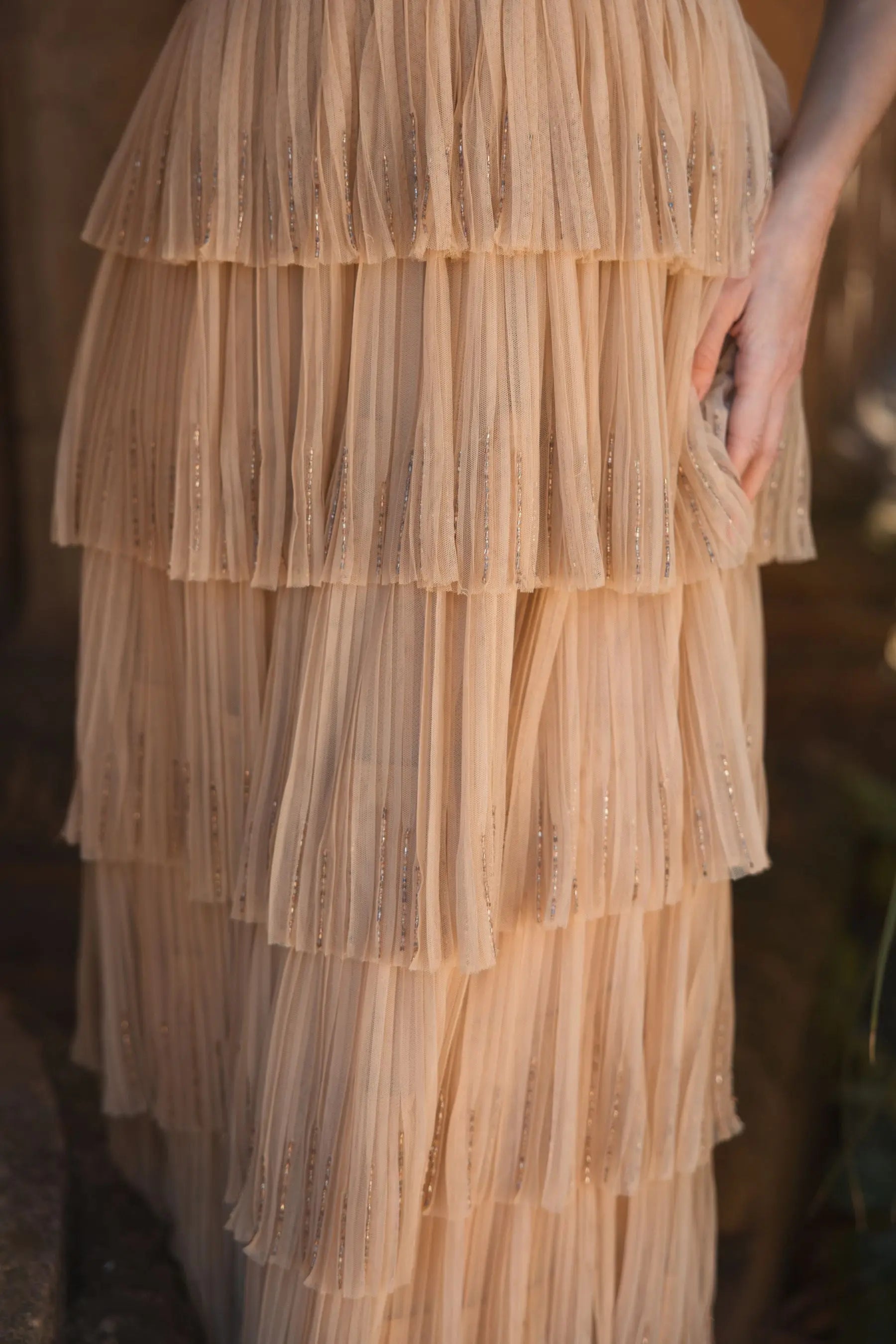 Beige Beaded Mesh V Neck Gown With Tiered Ruffles