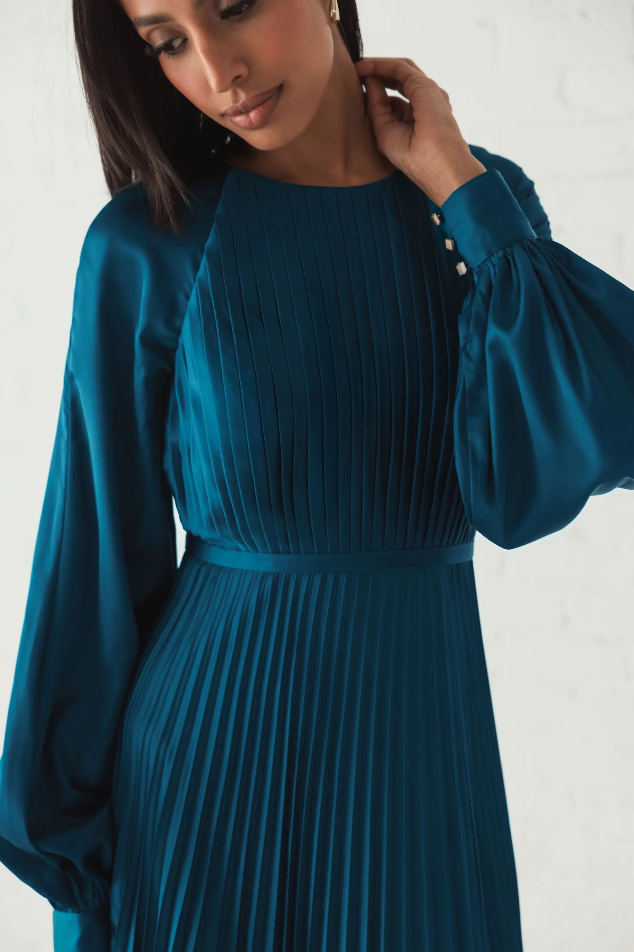Blue Pleated High Neck Raglan Long Sleeve Side Slit Gown