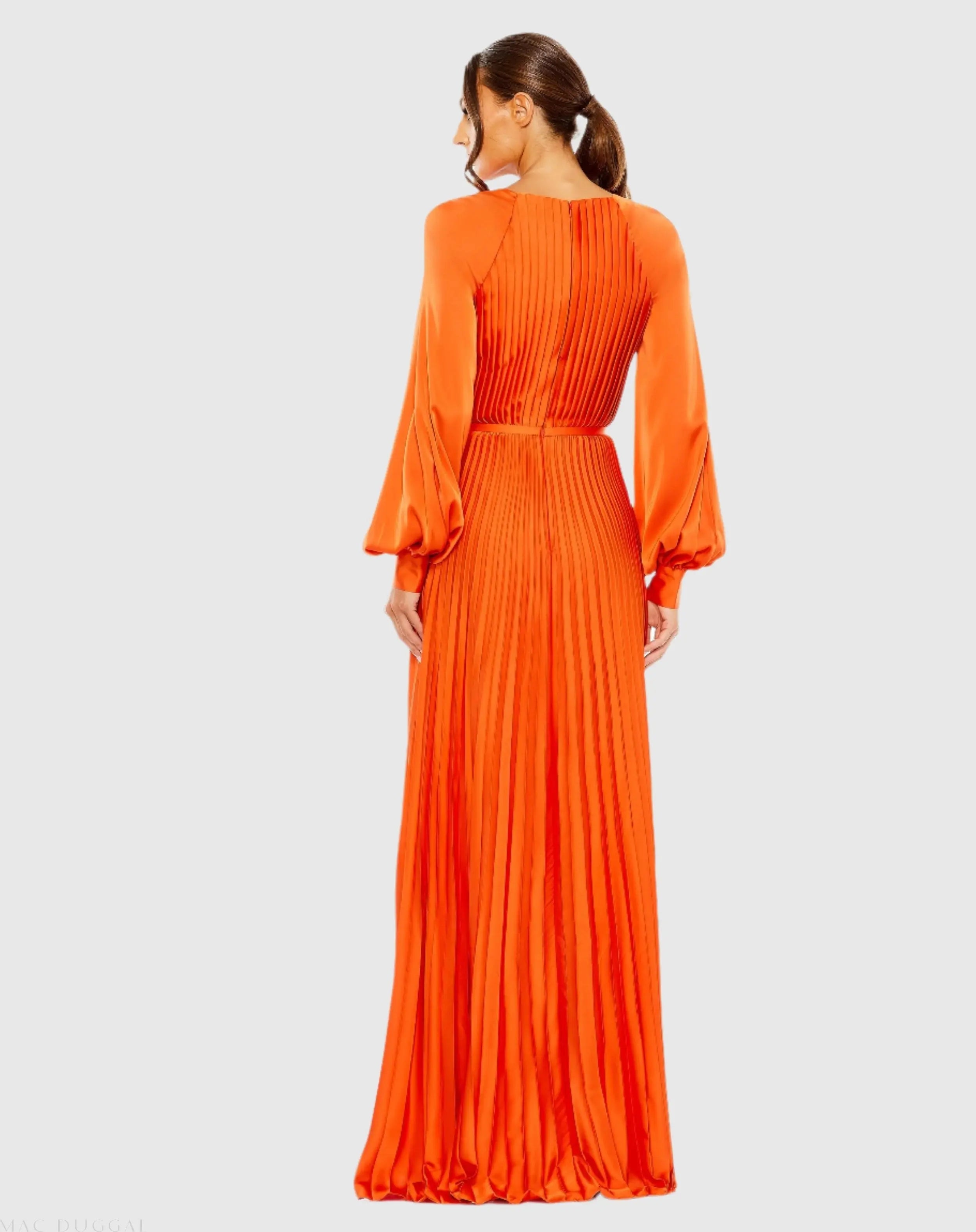 Orange Pleated High Neck Raglan Long Sleeve Side Slit Gown