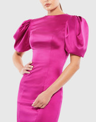 Pink Satin Puff Sleeve Fitted Mini Dress