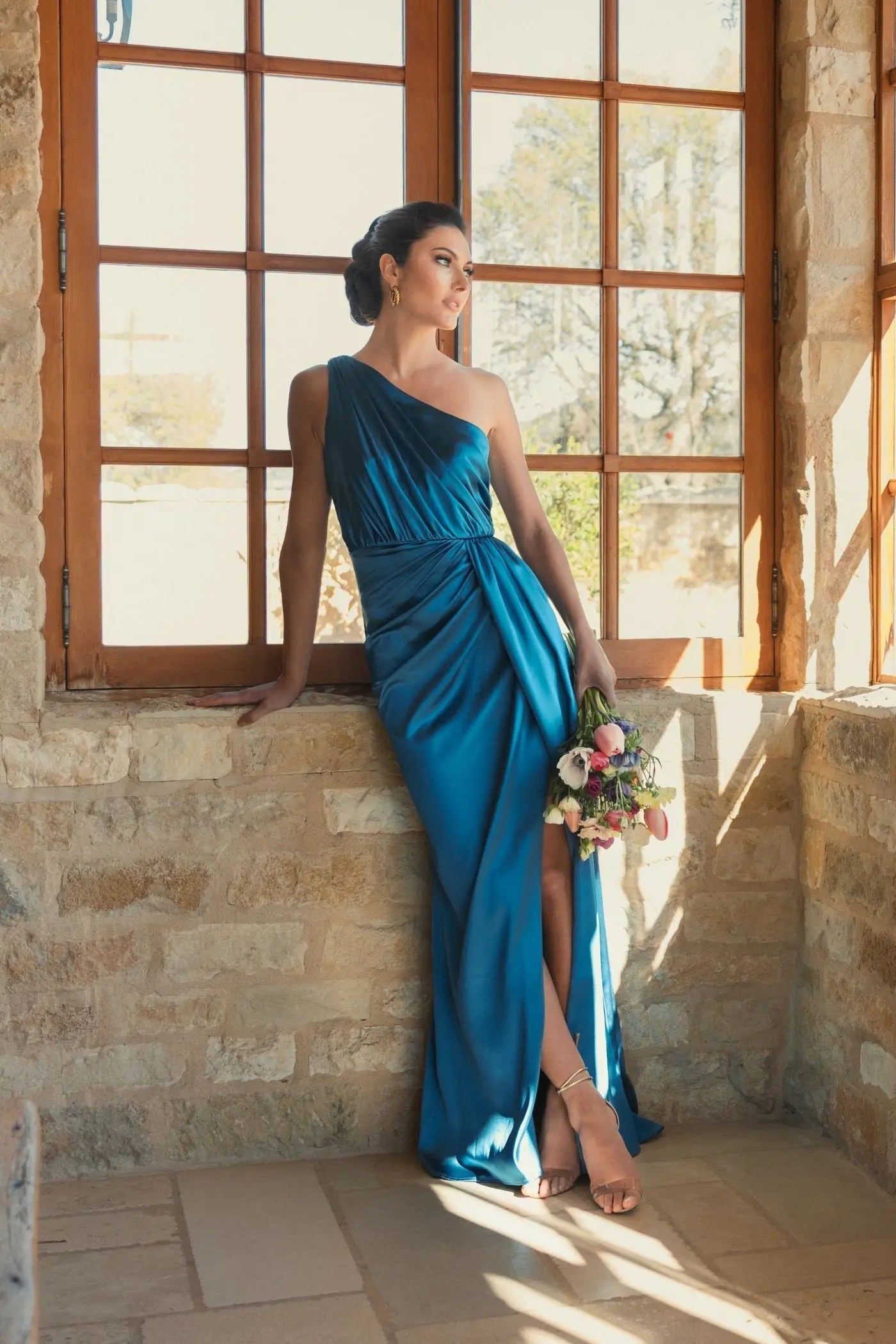 Blue Gathered One Shoulder Satin Faux Wrap Gown