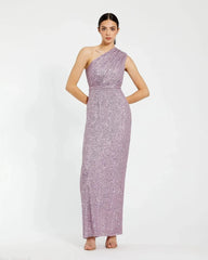 Purple Sequined Ruched One Shoulder Gown