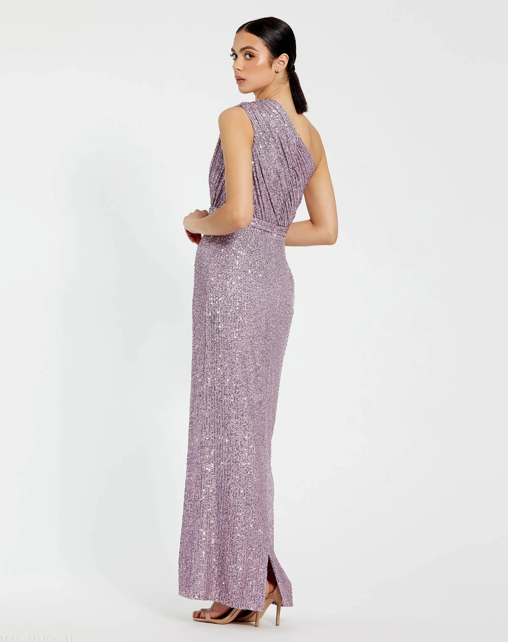 Purple Sequined Ruched One Shoulder Gown
