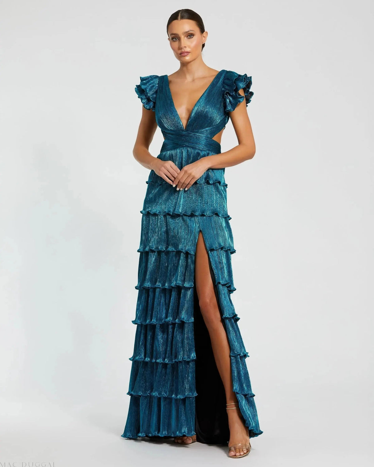 Blue Ruffle Tiered Criss Cross Lace Up Gown