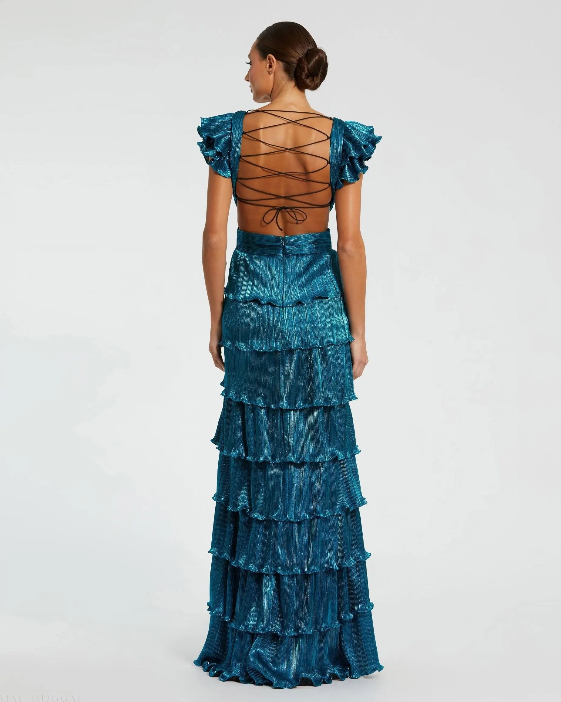 Blue Ruffle Tiered Criss Cross Lace Up Gown